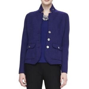 Eileen Fisher Merino Wool Long Sleeve Midnight Blue Blazer Jacket Size L Petite